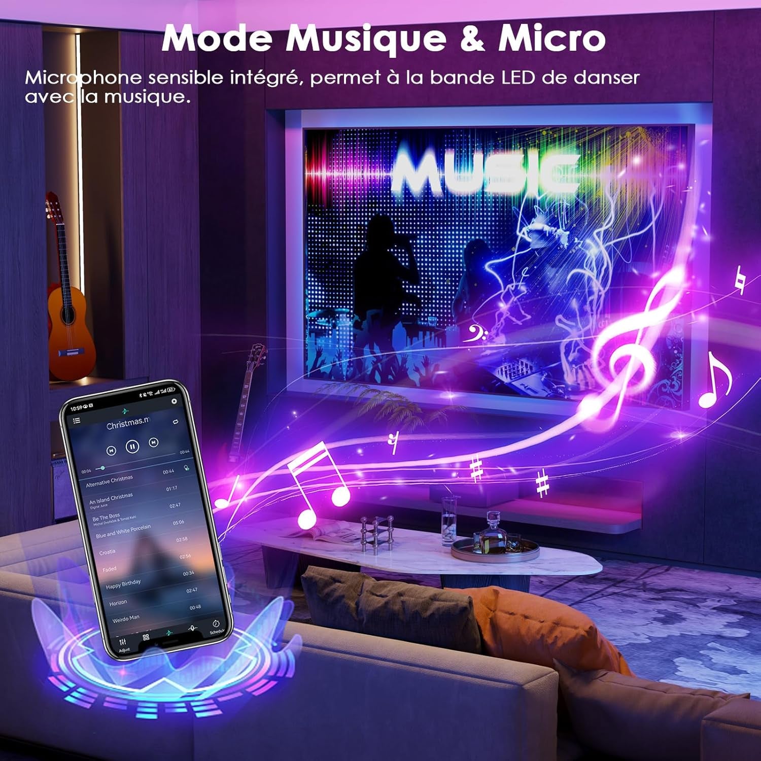 HOVVIDA Ruban LED 10M, 1X10M, 30 Led/Mètre, 24V RVB Bande LED, 300 LED, APP Et Télécommande, Synchronisation De La Musique, Mode Minuterie, Pour Chambre, Salle De Jeux, Fête, Festival