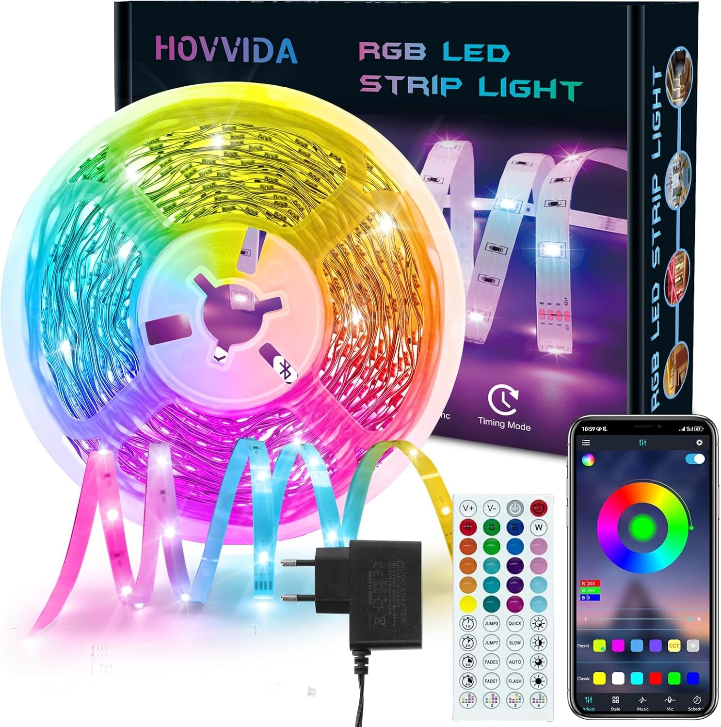 HOVVIDA Ruban LED 10M, 1X10M, 30 Led/Mètre, 24V RVB Bande LED, 300 LED, APP Et Télécommande, Synchronisation De La Musique, Mode Minuterie, Pour Chambre, Salle De Jeux, Fête, Festival